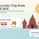 Illustrated Ayutthaya day trip from Bangkok showing temple ruins, a train, a tour van and a tuk-tuk