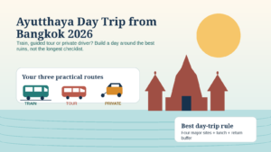 Illustrated Ayutthaya day trip from Bangkok showing temple ruins, a train, a tour van and a tuk-tuk