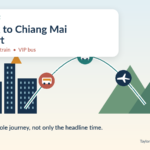 Illustrated Bangkok to Chiang Mai transport guide comparing a plane, sleeper train and VIP bus in 2026
