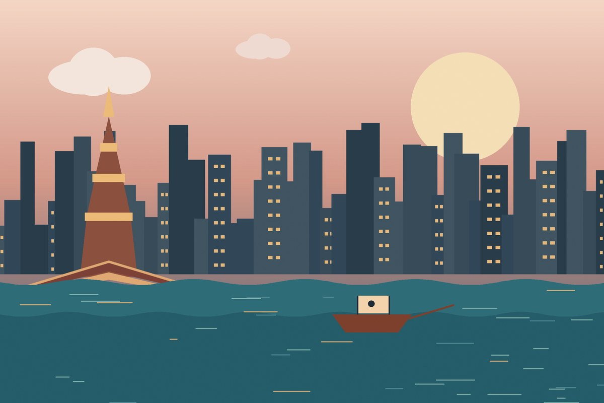 Illustrated Bangkok skyline, Thai temple spire and long-tail boat on the Chao Phraya River