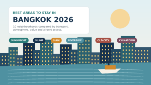 Illustrated Bangkok skyline beside the Chao Phraya River with neighbourhood labels for Sukhumvit, Silom, Siam, Riverside and Old City