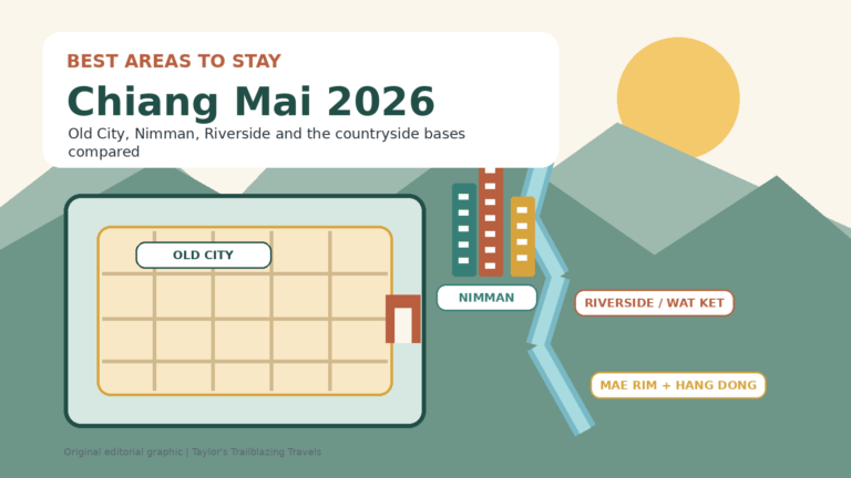 Illustrated guide to Chiang Mai showing the Old City moat, Nimman, Riverside and mountain-side areas