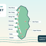 Illustrated map-style guide to Phuket showing west-coast beaches, Phuket Old Town and quieter northern resort areas