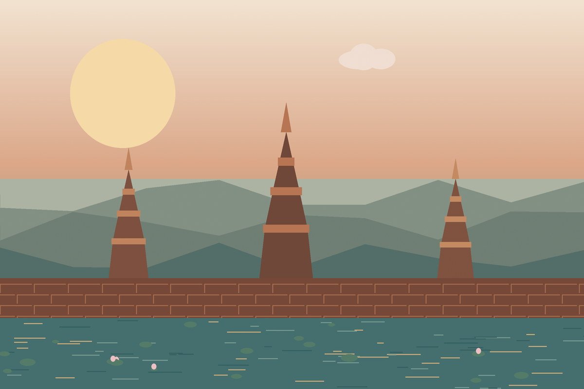 Illustrated Ayutthaya temple ruins beside water in Central Thailand