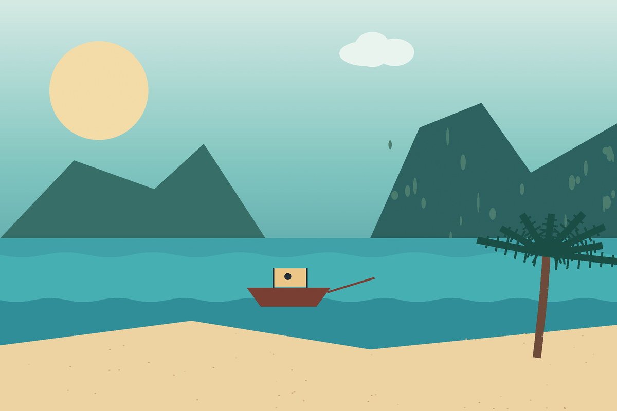 Illustrated Thailand beach with limestone islands, a long-tail boat and palm tree