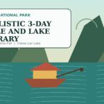 Illustrated longtail boat crossing Cheow Lan Lake between rainforest-covered limestone karsts for a Khao Sok National Park guide