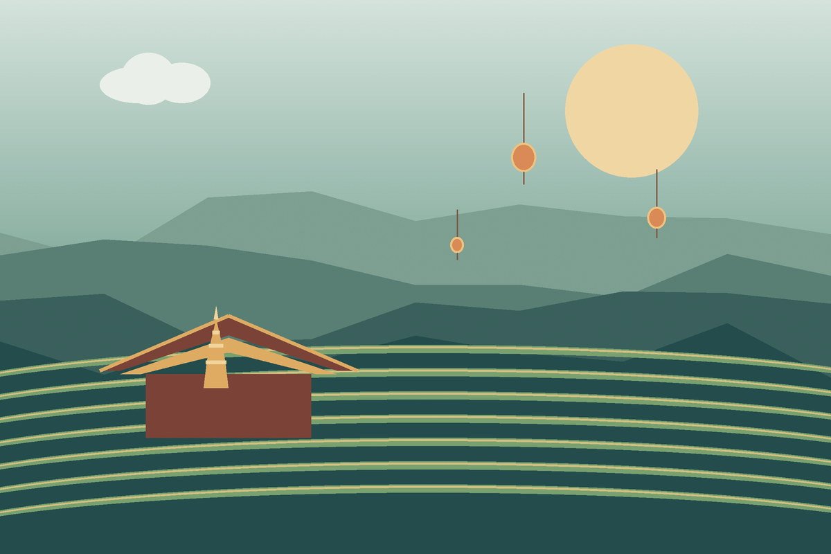 Illustrated northern Thailand mountains, rice terraces, temple roof and lanterns