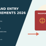 Illustrated Thailand entry requirements guide showing a passport, TDAC phone screen and travel-document checklist