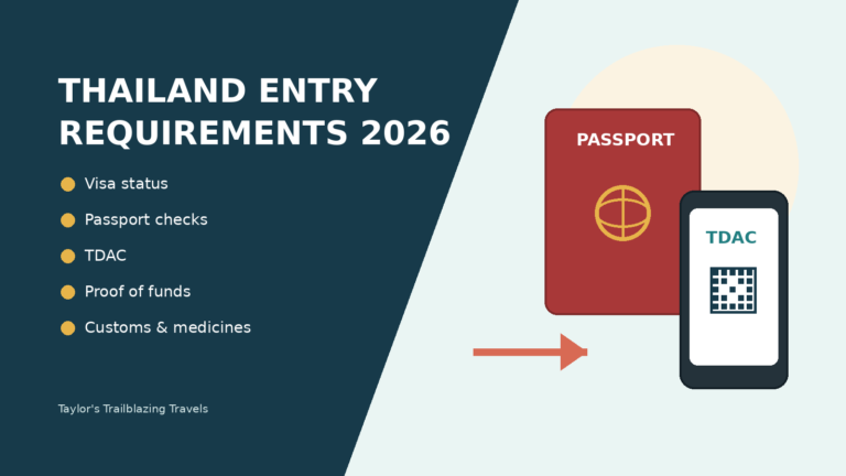 Illustrated Thailand entry requirements guide showing a passport, TDAC phone screen and travel-document checklist