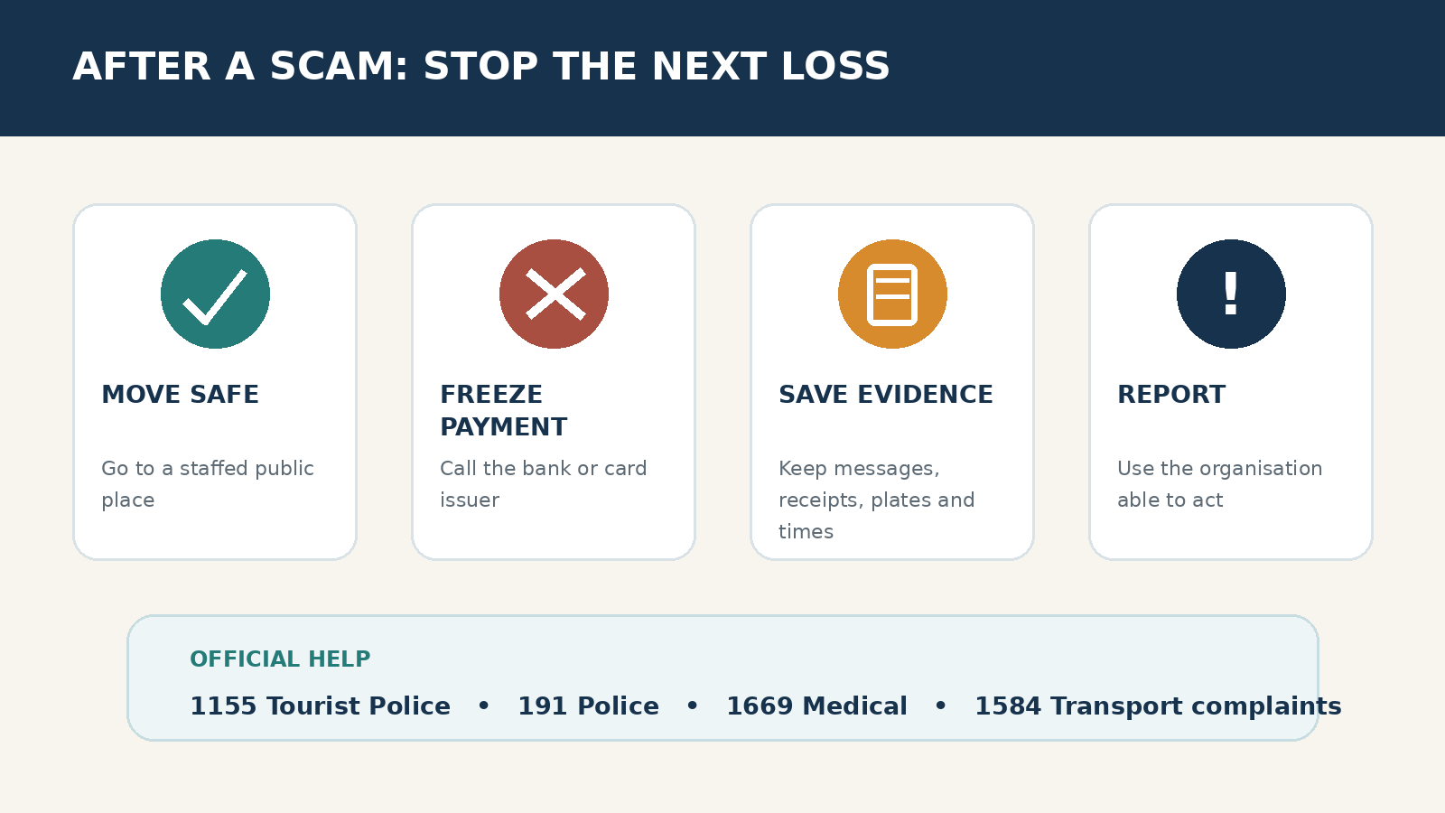 Thailand scam response plan showing safe place, card freeze, evidence, reporting and follow-up