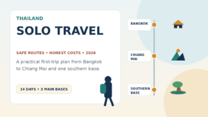 Illustrated Thailand solo travel route from Bangkok to Chiang Mai and the southern islands