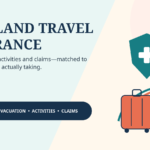 Illustrated Thailand travel insurance guide showing a hospital shield, suitcase, scooter and island route