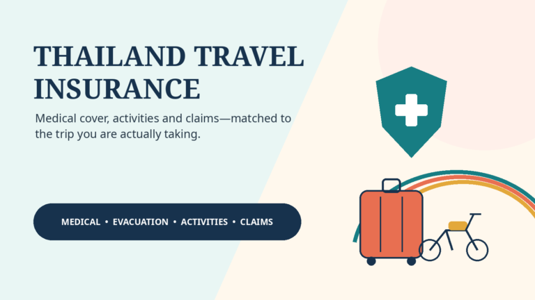 Illustrated Thailand travel insurance guide showing a hospital shield, suitcase, scooter and island route