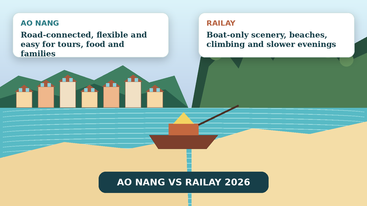 Illustrated split view comparing road-connected Ao Nang with Railay Beach and limestone cliffs