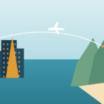 Text-free illustrated route from Bangkok skyline to Krabi limestone coast with an aircraft following the journey south