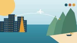 Text-free illustrated route from Bangkok skyline to Krabi limestone coast with an aircraft following the journey south
