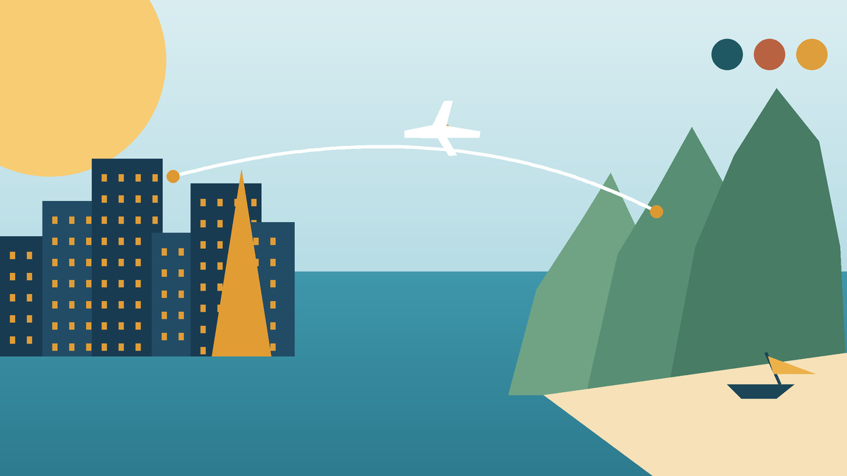 Text-free illustrated route from Bangkok skyline to Krabi limestone coast with an aircraft following the journey south