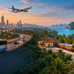 Cinematic Bangkok to Phuket transport illustration with a flight, overnight coach, train ending at an inland station and a road transfer continuing to the Phuket coast