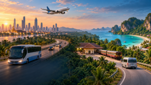 Cinematic Bangkok to Phuket transport illustration with a flight, overnight coach, train ending at an inland station and a road transfer continuing to the Phuket coast