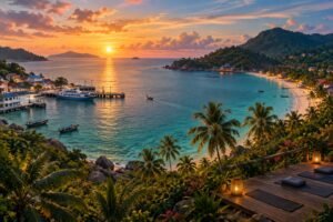 Original illustrated panorama of Koh Phangan showing a ferry harbour, palm-lined beach, hills and a sunset bay