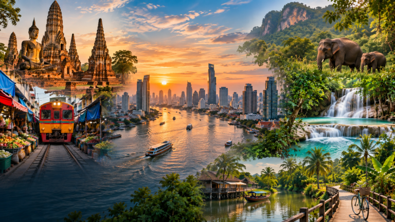 Panoramic editorial collage of Bangkok, Ayutthaya ruins, Maeklong Railway Market, Khao Yai wildlife, Erawan Falls and Bang Krachao cycling