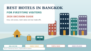 Original illustrated Bangkok hotel guide showing rail-connected, family, Old City and riverside hotel choices.