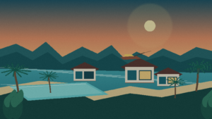 Illustrated Koh Lanta beach resort at sunset with an infinity pool, tropical hills, palms and a long-tail boat