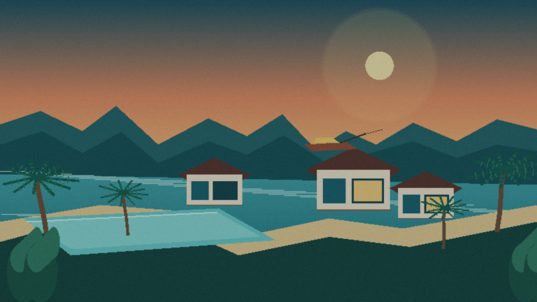 Illustrated Koh Lanta beach resort at sunset with an infinity pool, tropical hills, palms and a long-tail boat