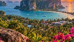 Illustrated sunset view over a Krabi bay with limestone cliffs, hotels and boats