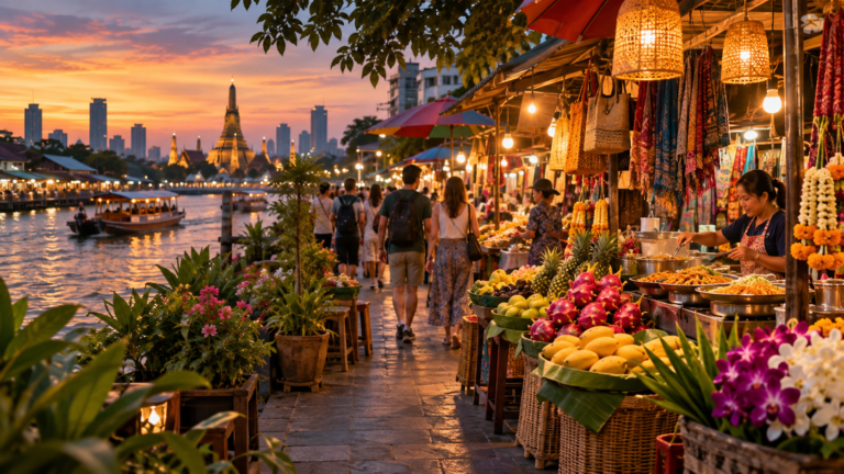 Bangkok market beside a canal at sunset with food, flowers, textiles and long-tail boats