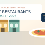 Illustrated Phuket food guide with Old Town shophouses, local dishes and a 2026 restaurant theme.