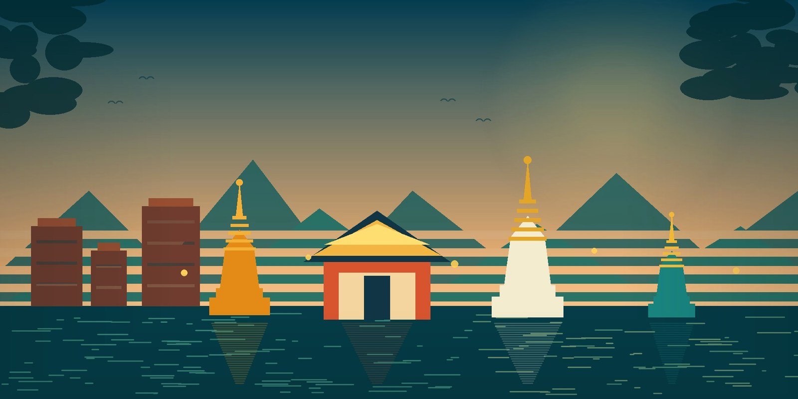 Original illustrated panorama of royal, northern, contemporary and historic Thailand temple styles at sunset