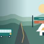 Illustrated mountain road between Chiang Mai and Chiang Rai with a coach, direction signs and a northern Thai temple