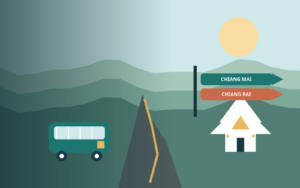 Illustrated mountain road between Chiang Mai and Chiang Rai with a coach, direction signs and a northern Thai temple