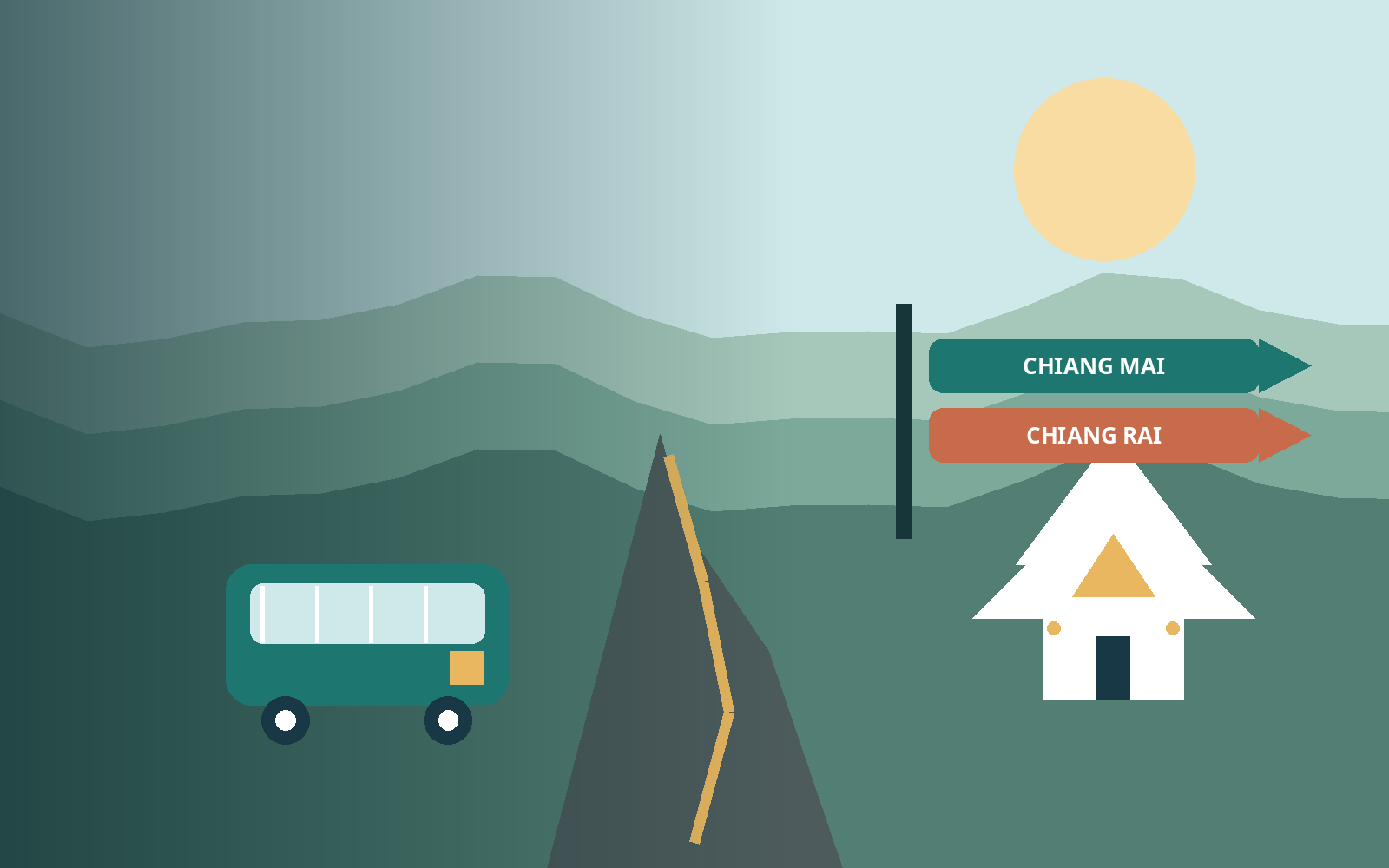 Illustrated mountain road between Chiang Mai and Chiang Rai with a coach, direction signs and a northern Thai temple