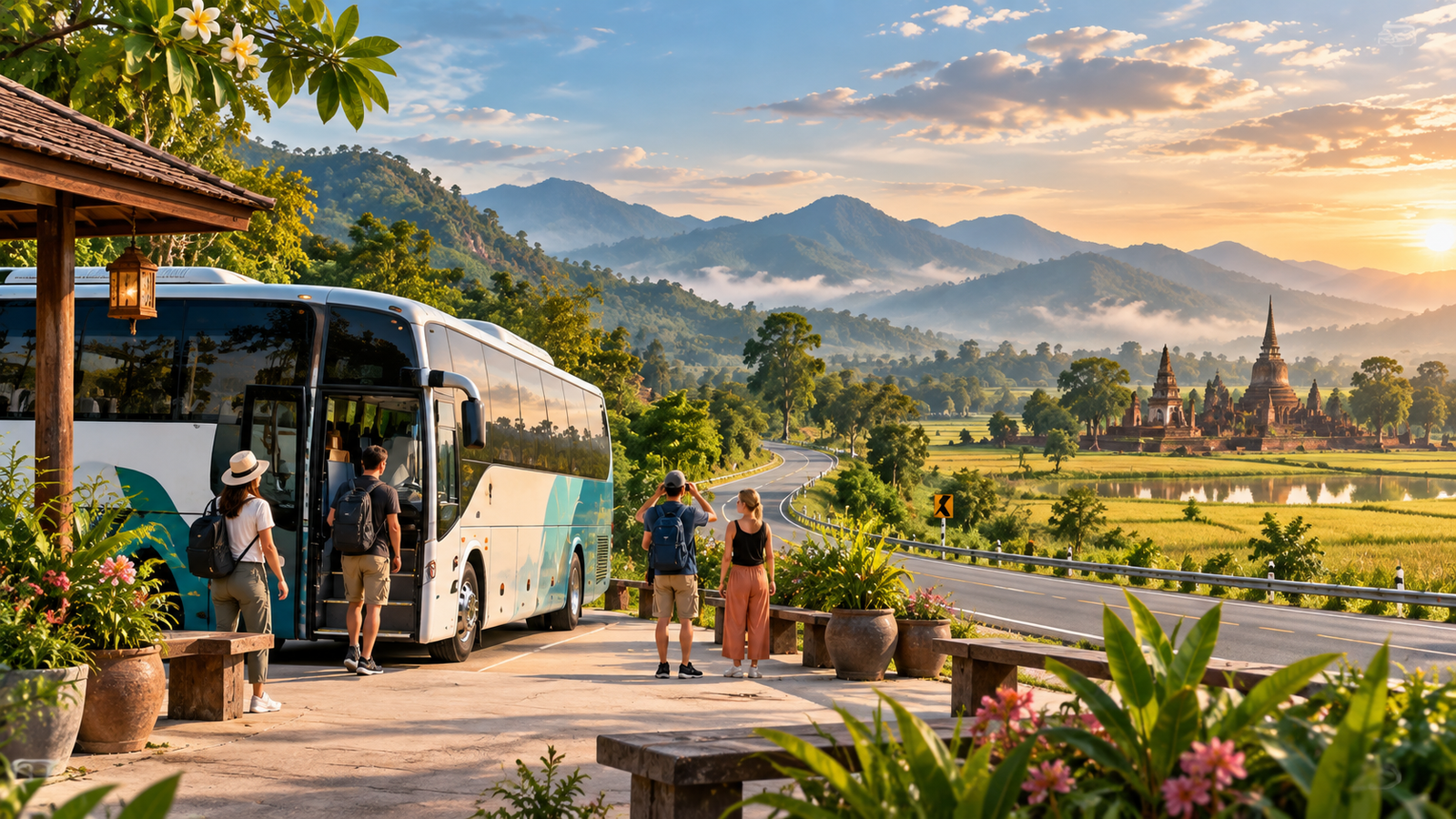 Coach at a scenic northern Thailand rest stop on the road from Chiang Mai towards Sukhothai