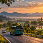 Scenic northern Thailand route from Chiang Mai to Sukhothai with a coach, railway, mountain road and ancient temple ruins at sunrise