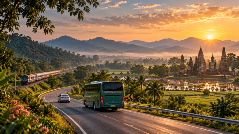 Scenic northern Thailand route from Chiang Mai to Sukhothai with a coach, railway, mountain road and ancient temple ruins at sunrise