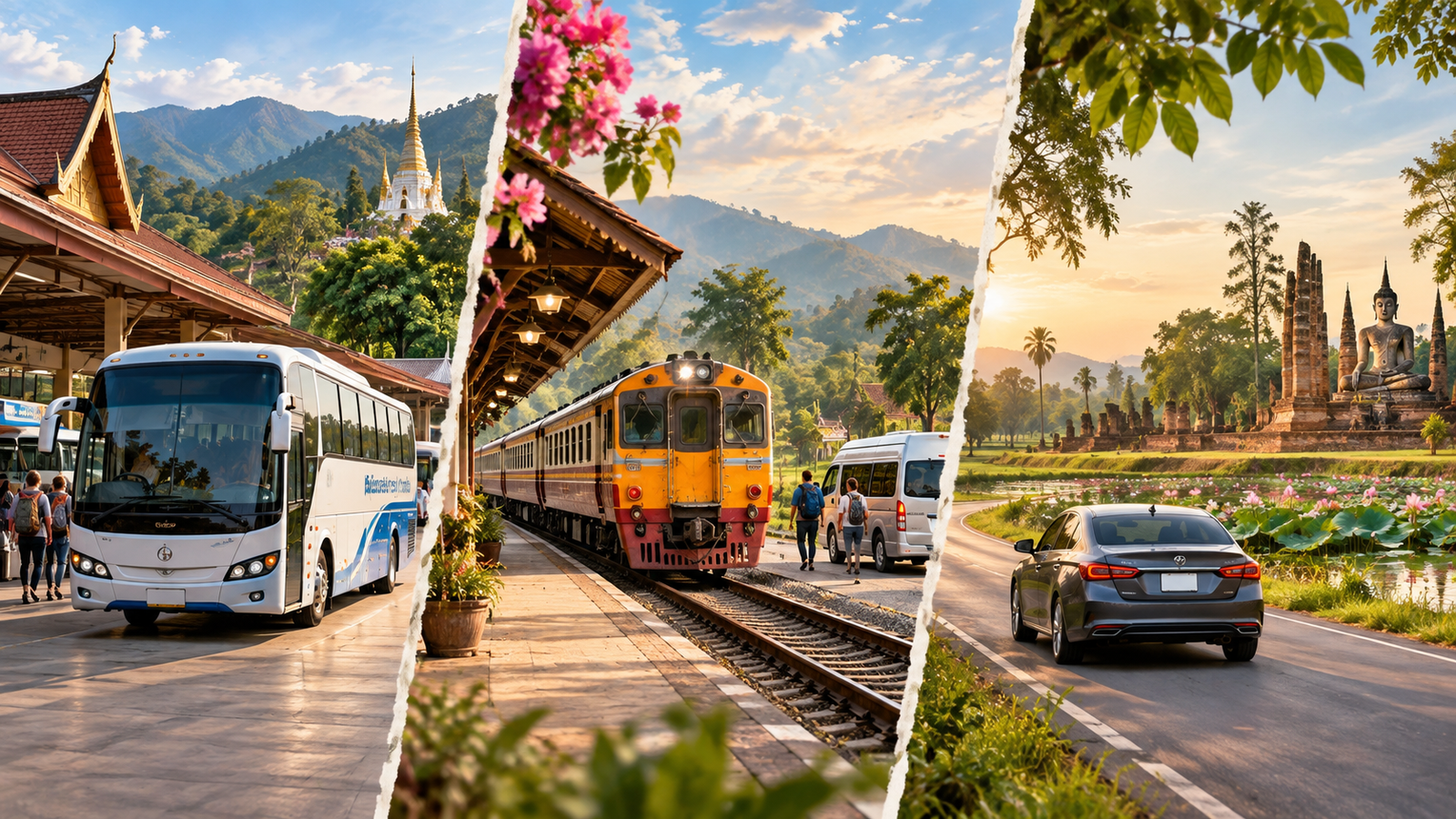 Three-panel comparison of coach, train connection and private car travel between Chiang Mai and Sukhothai