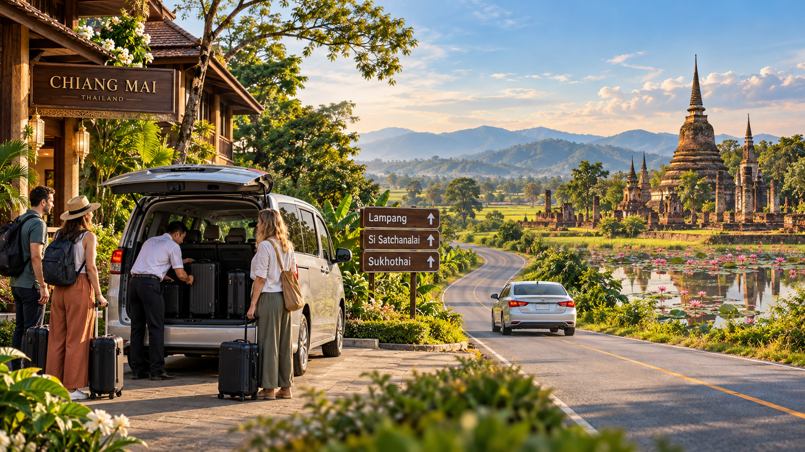 Private minivan loading luggage at a Chiang Mai hotel before a road journey to Sukhothai