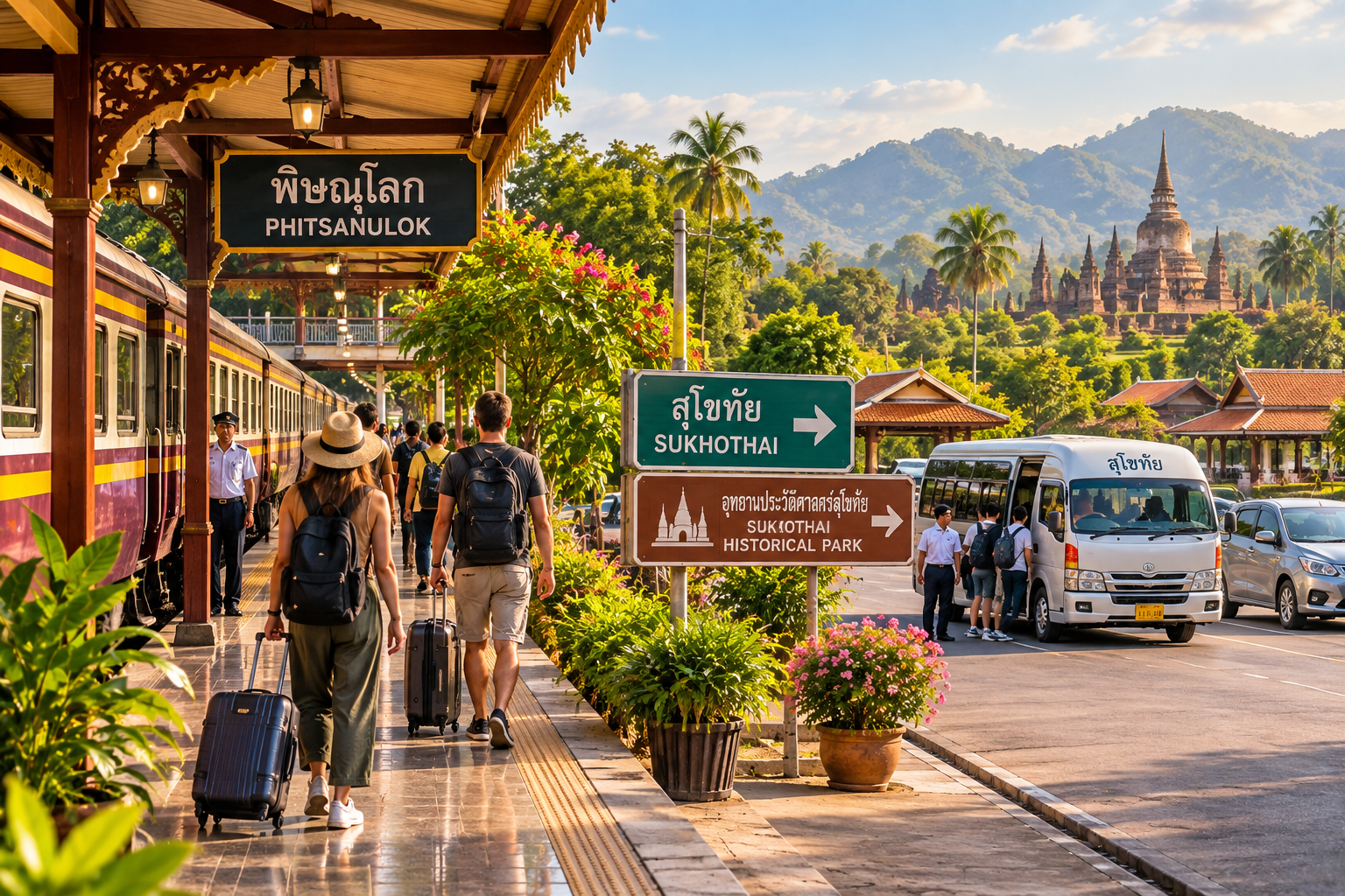 Travellers changing from a Chiang Mai train at Phitsanulok for onward transport to Sukhothai