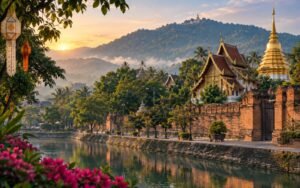 Original illustration of Chiang Mai's old city moat, Lanna temple architecture and Doi Suthep at sunrise