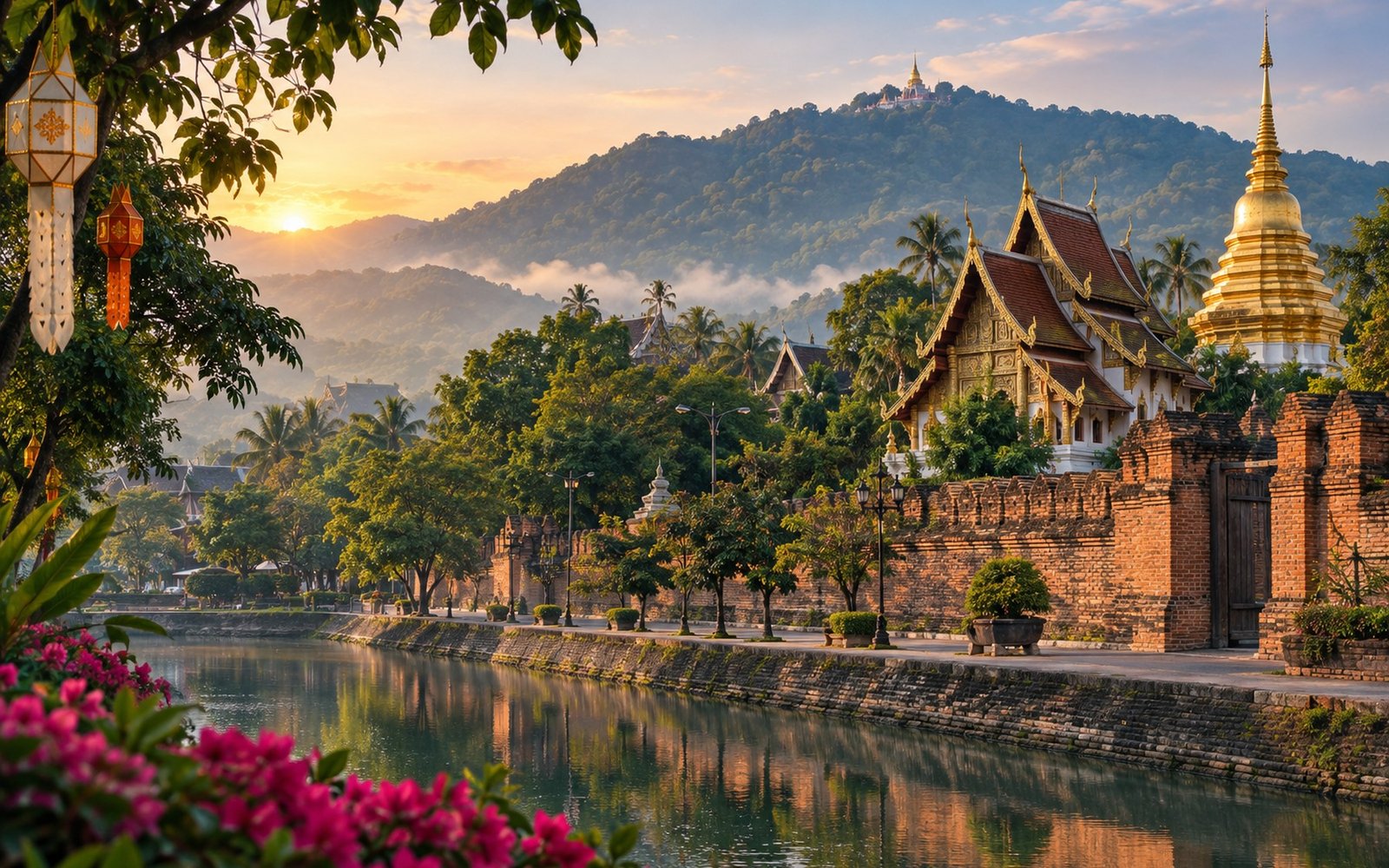 Original illustration of Chiang Mai's old city moat, Lanna temple architecture and Doi Suthep at sunrise