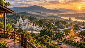 Panoramic sunrise view over Chiang Rai with the White Temple, Blue Temple, golden Clock Tower and forested mountains