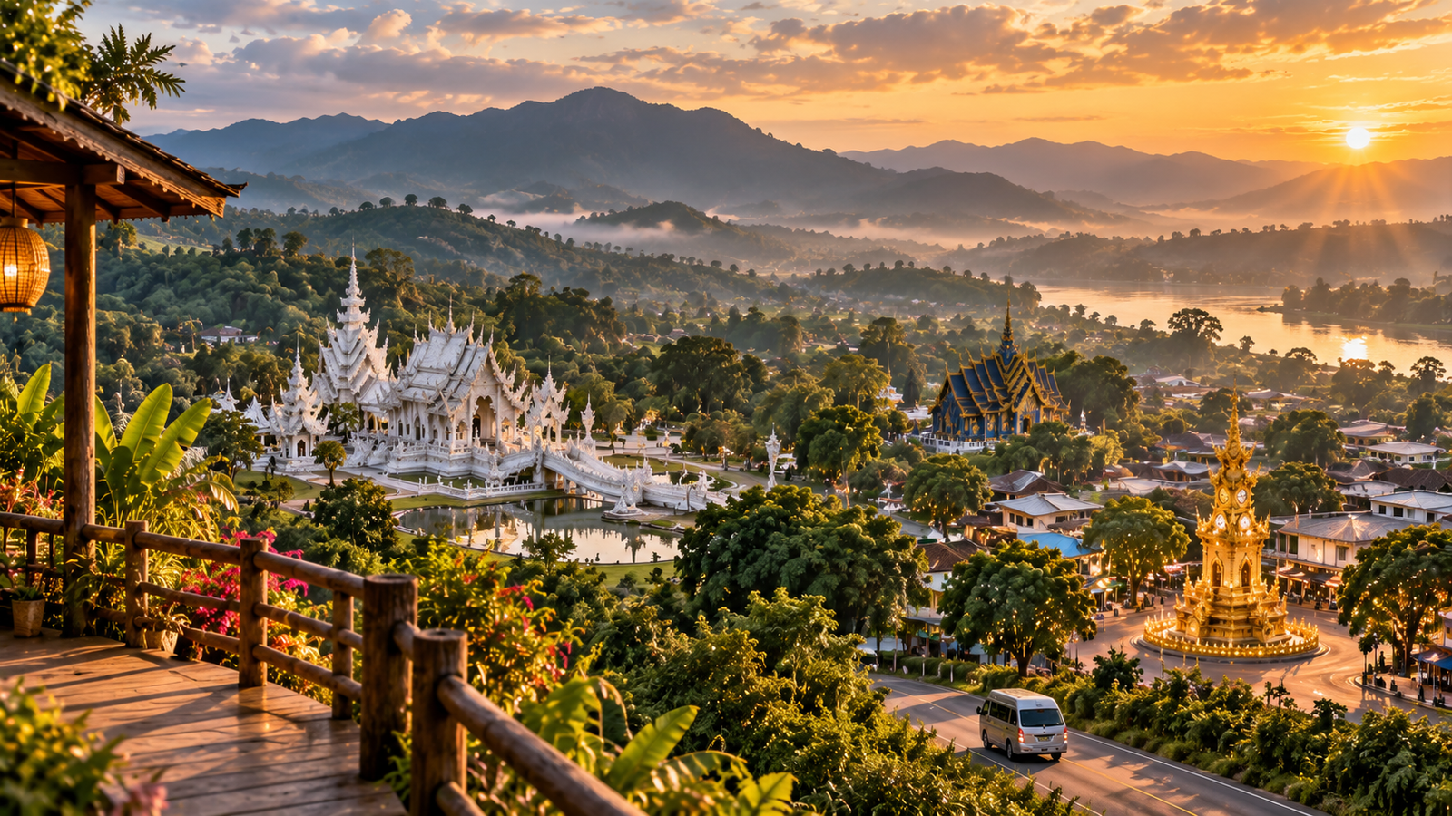 Panoramic sunrise view over Chiang Rai with the White Temple, Blue Temple, golden Clock Tower and forested mountains