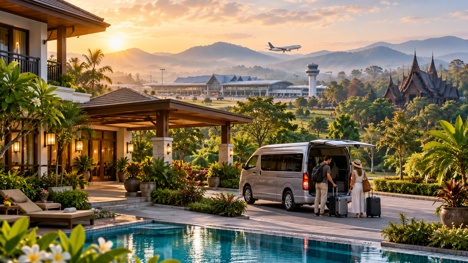 Chiang Rai airport-area hotel with pool, shuttle van, airport terminal, arriving aircraft and northern mountains