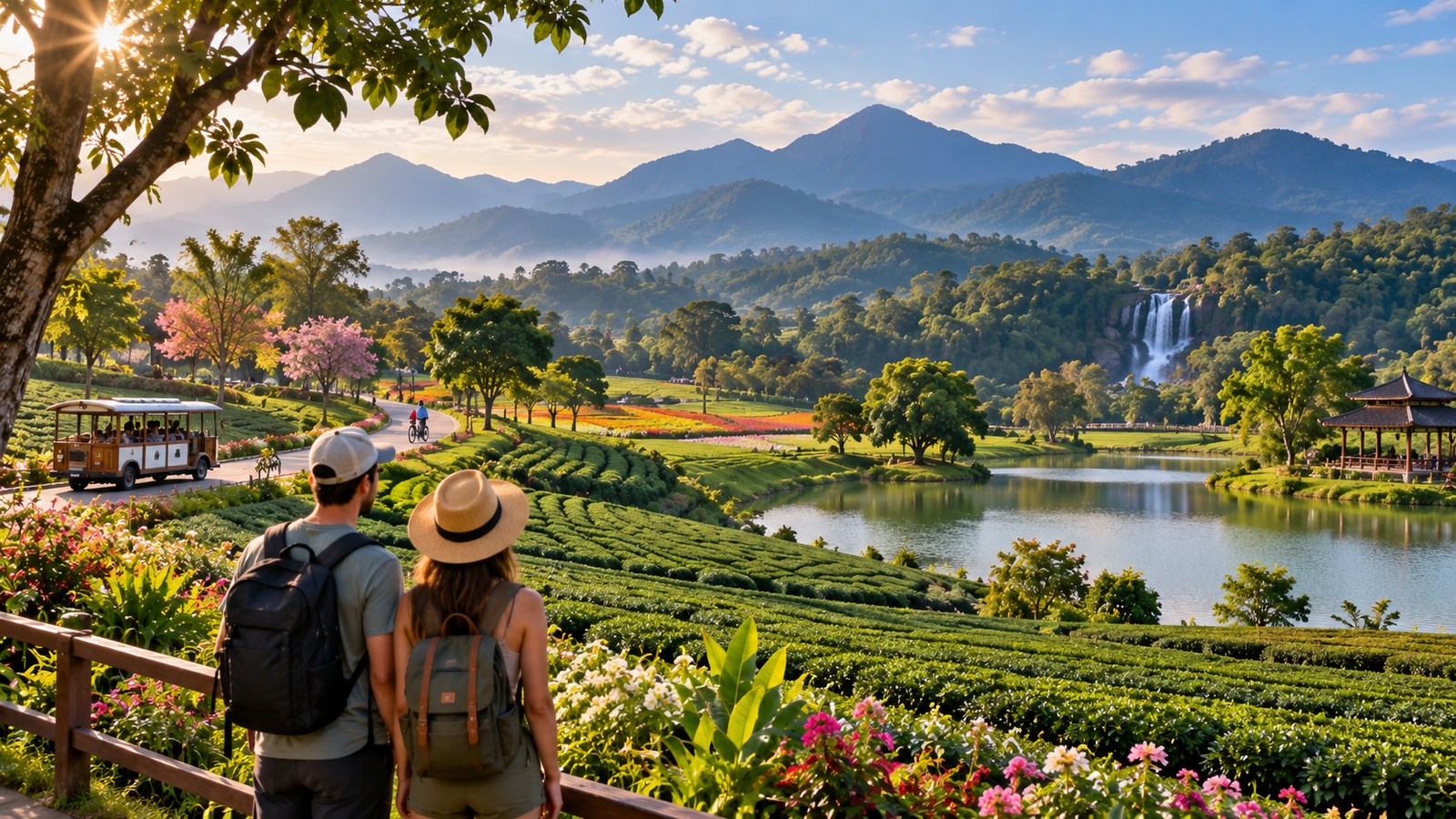 Chiang Rai countryside with tea fields, flowers, a lake, farm tram, mountains and a waterfall