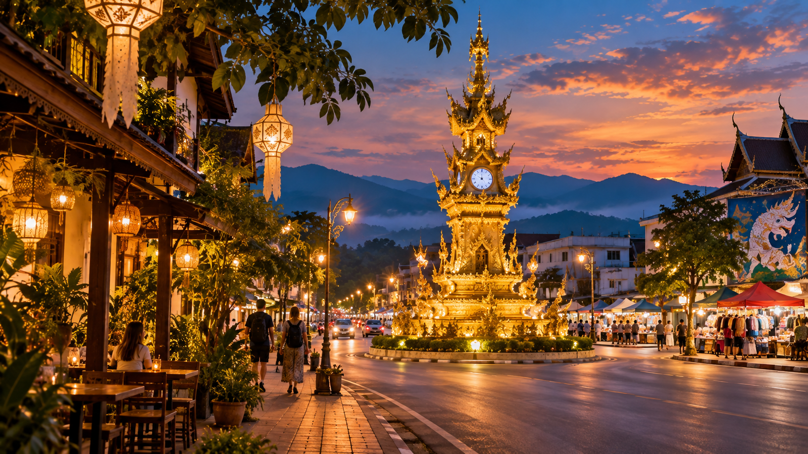 Evening street around Chiang Rai Clock Tower with market stalls, cafes, travellers and mountains at sunset