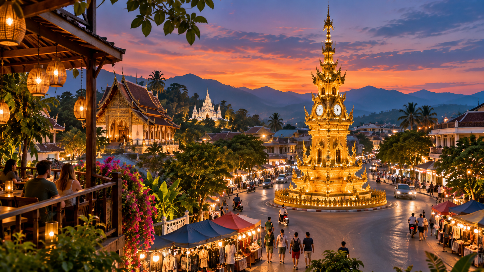 Chiang Rai Clock Tower glowing at dusk beside a lantern-lit market street and old-city temples