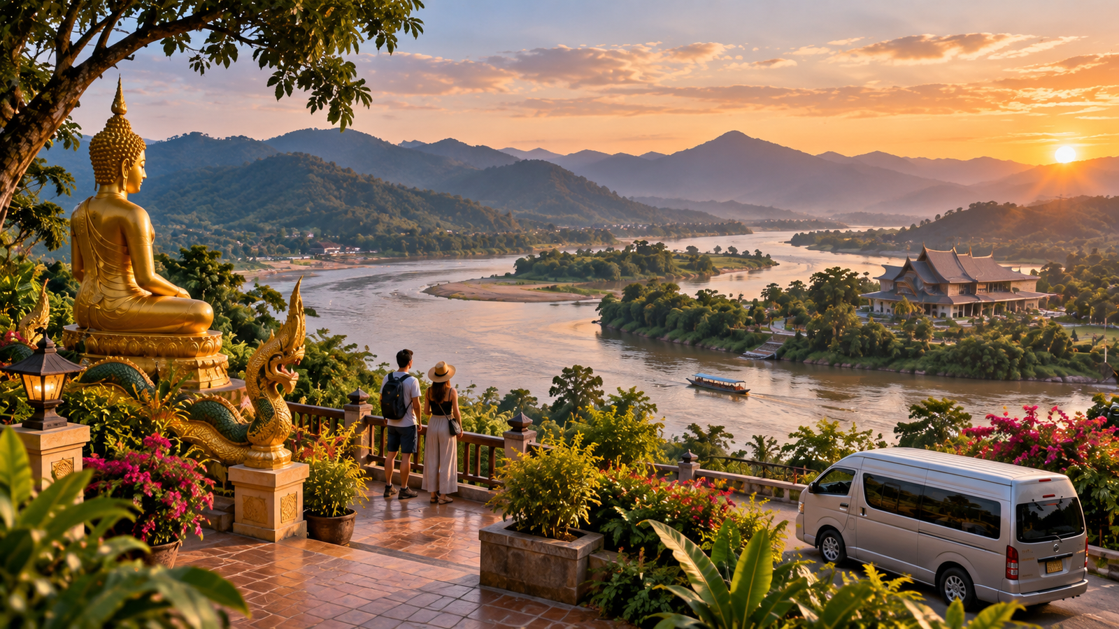 Golden Triangle viewpoint over the Mekong and Ruak rivers with mountains, a temple terrace and a waiting minivan